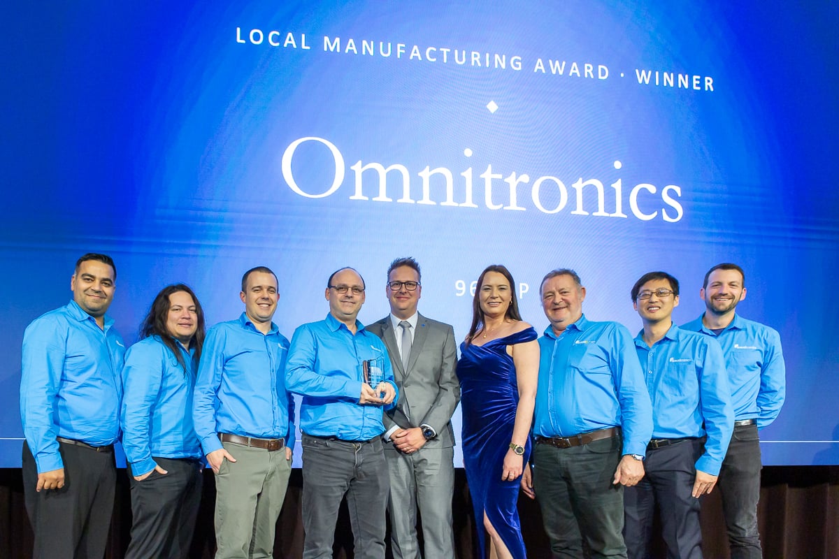 The Omnitronics team on stage accepting the ARCIA 2026 Local Manufacturing Award for the 960SIP dispatch console